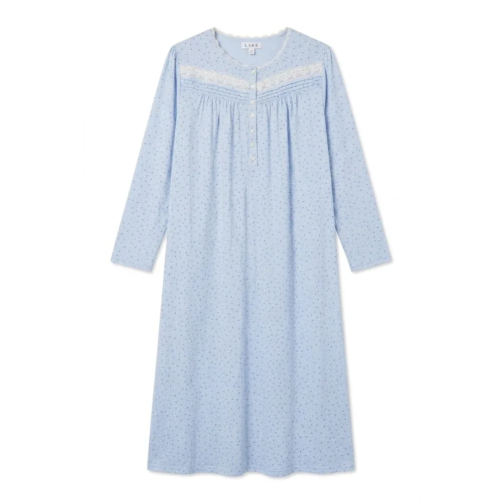 Eileen West NWOT Blue Polka Dot Lace Trim Long Sleeve Nightgown XXL 22/24 Mom
